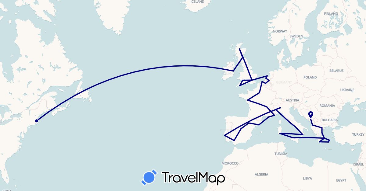 TravelMap itinerary: driving in Albania, Belgium, Spain, France, United Kingdom, Greece, Ireland, Italy, Montenegro, Netherlands, Portugal, United States (Europe, North America)